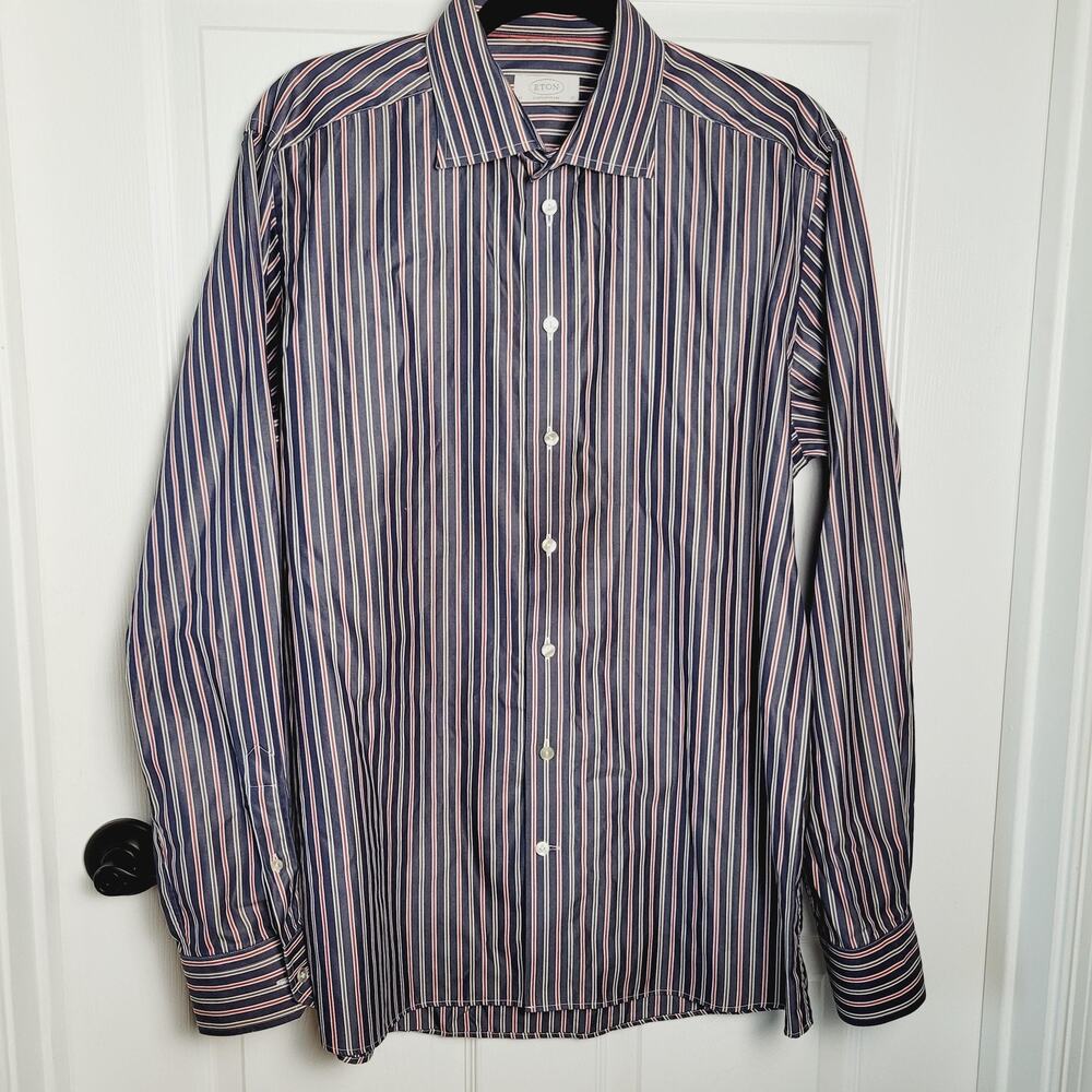 Eton Shirt Mens 17 XL Blue Red White Striped Contemporary Button Down Dress